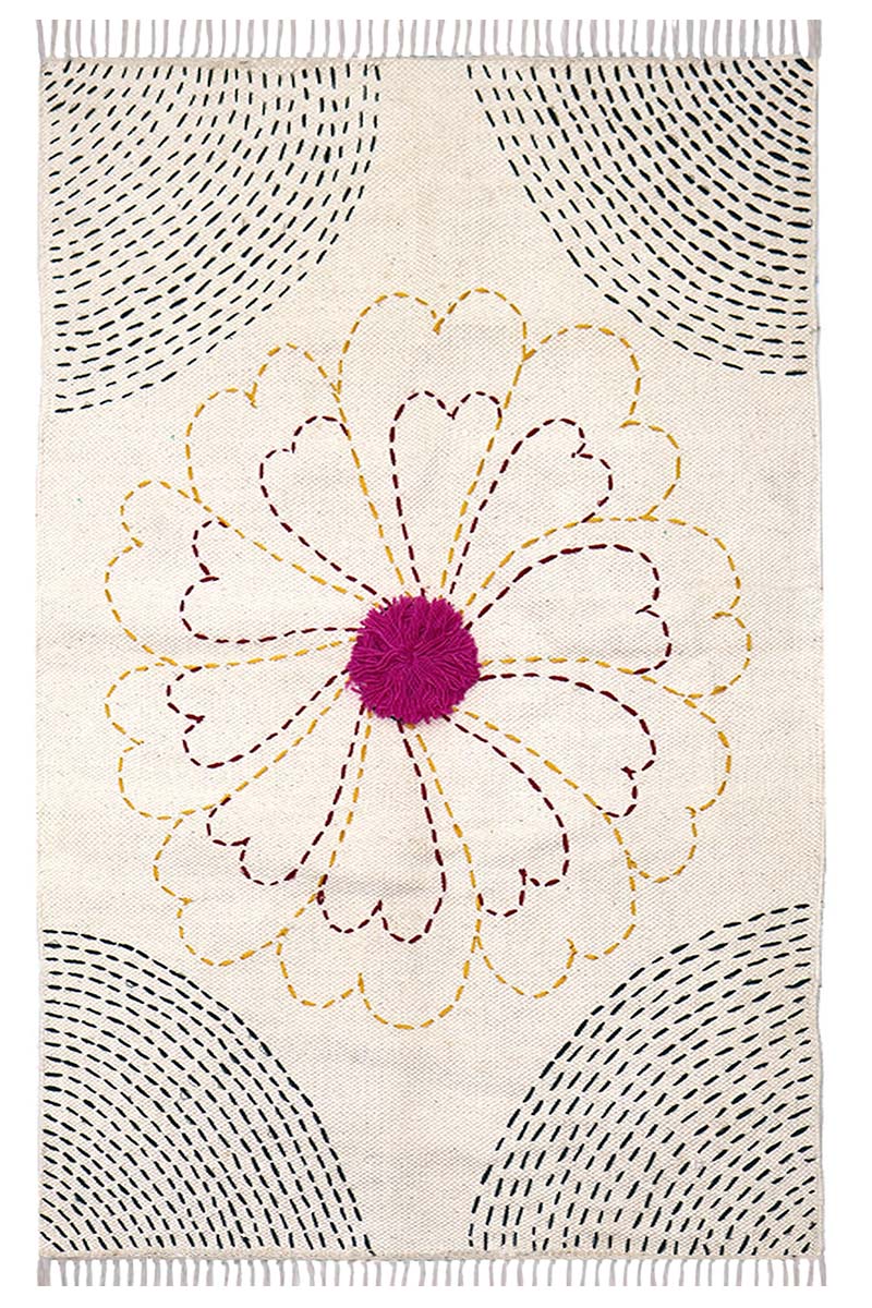 Exquisite Floral Rug – Handcrafted Kantha Cotton 4x6 Dhurrie