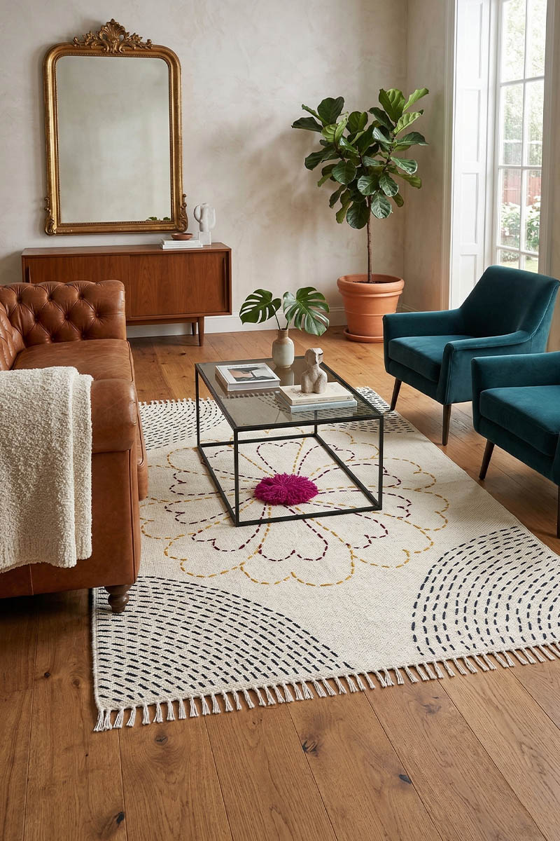 Exquisite Kantha Cotton Rug – Handcrafted Boho Dhurrie - Image 2