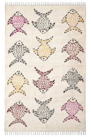 Hand Stitched Kantha Cotton Rug with Fish Design