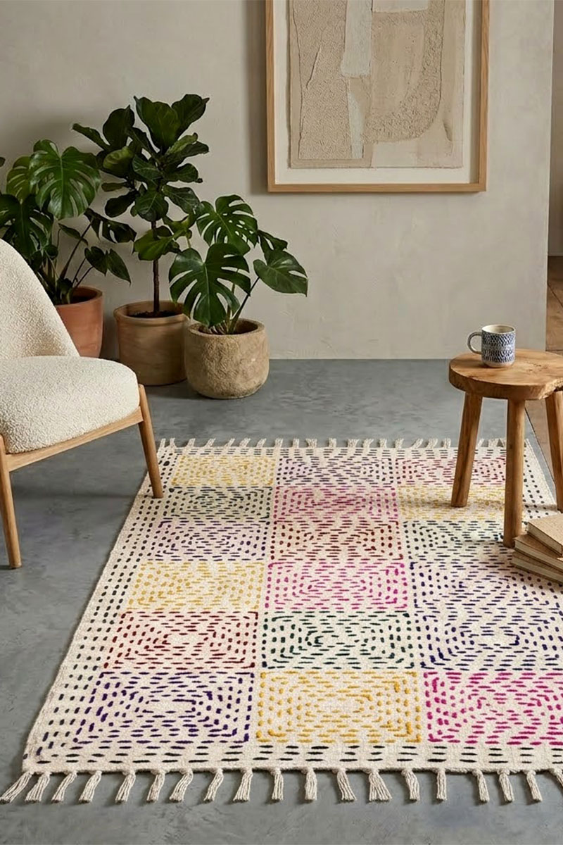 Stunning Kantha Cotton Rug - Vibrant Hand-Stitched Boho Dhurrie - Image 2