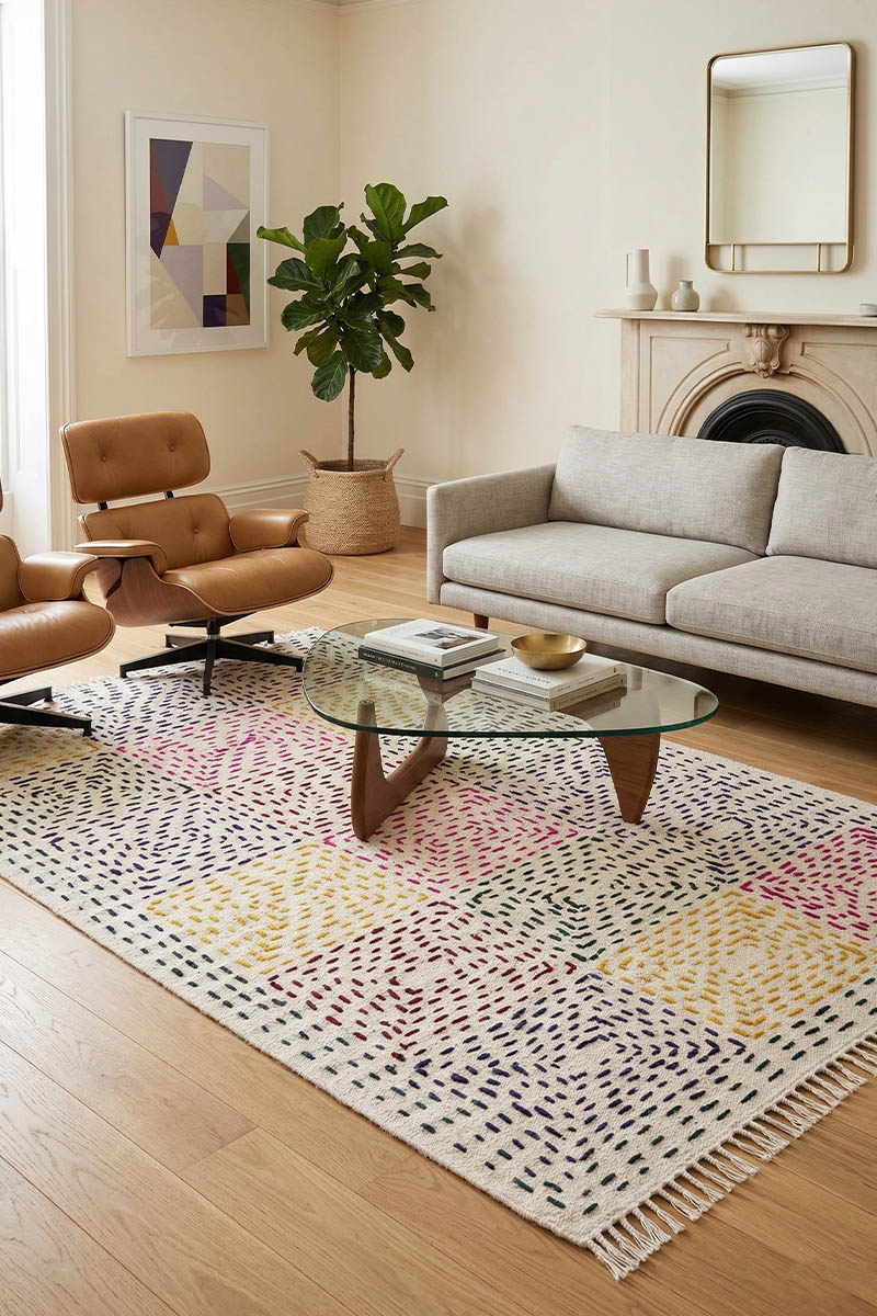 Stunning Kantha Cotton Rug - Vibrant Hand-Stitched Boho Dhurrie - Image 5