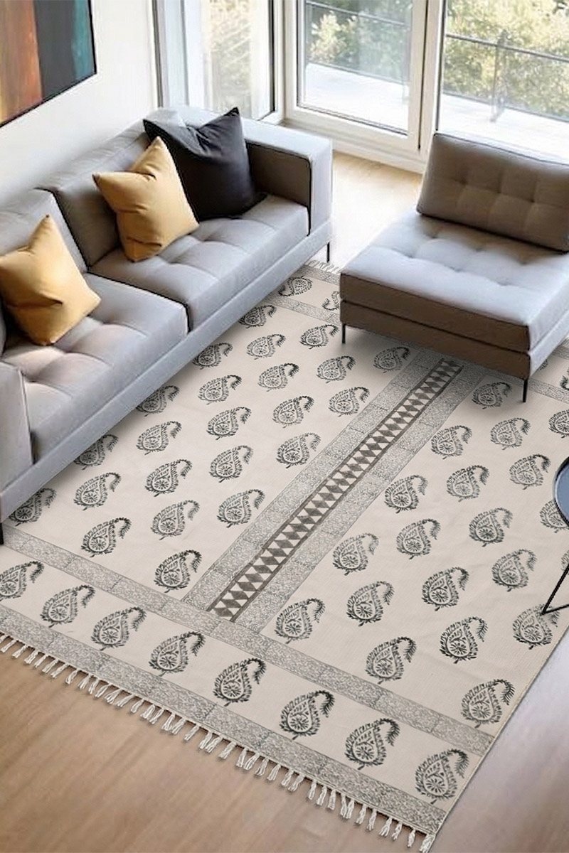 Traditional Hand Block Printed Paisley Cotton Dhurrie Rug - Image 2