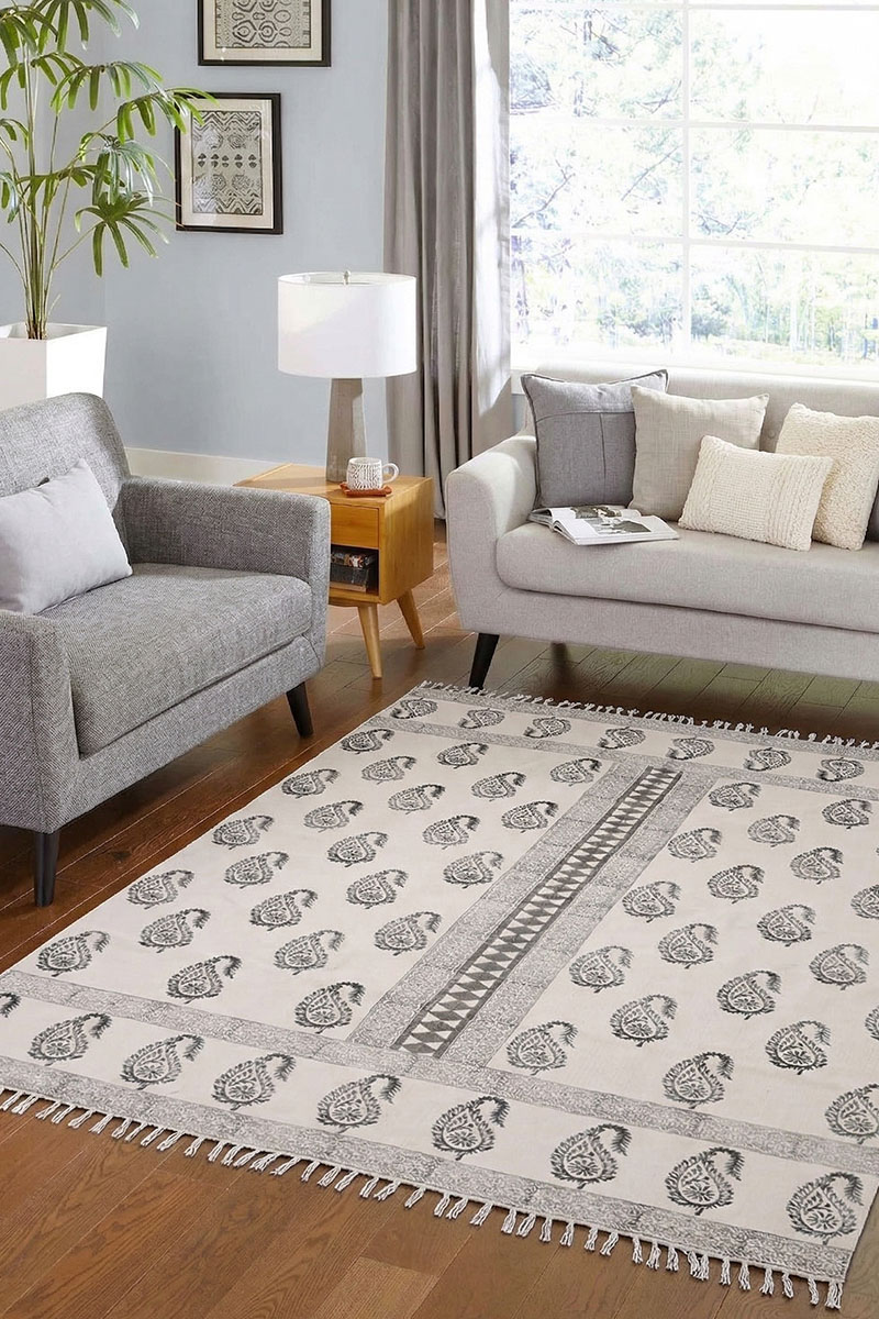 Traditional Hand Block Printed Paisley Cotton Dhurrie Rug - Image 4