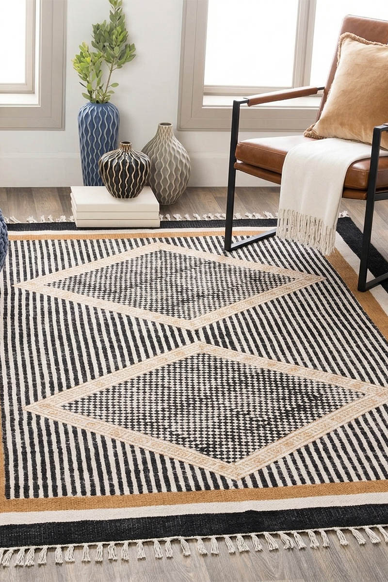 Modern Geometric Hand Block Printed Diamond Motif Rug - Image 2