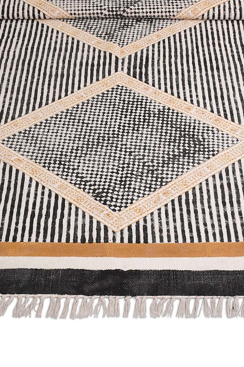Modern Geometric Hand Block Printed Diamond Motif Rug - Image 5