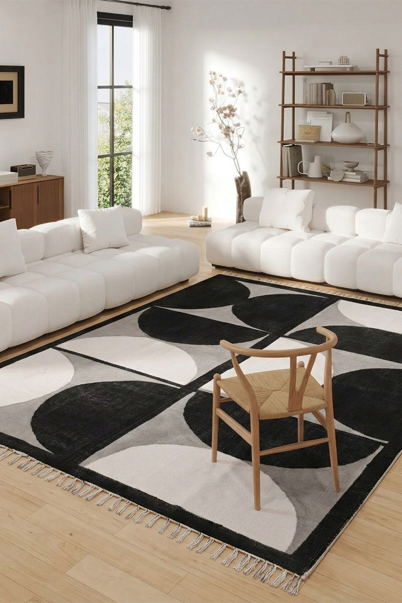 Handmade Half-Moon Hand Block Printed Rug - Image 4