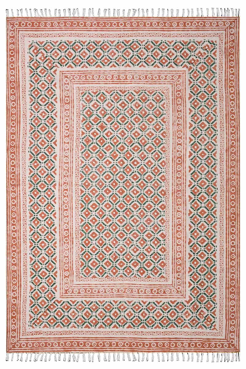 Handcrafted Boho Rust Geometric Block-Print Area Rug with Tassels