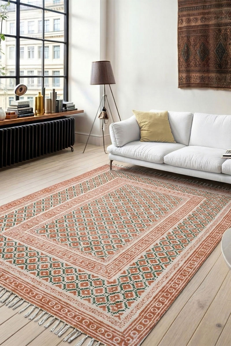Handcrafted Boho Rust Geometric Block-Print Area Rug with Tassels - Image 2