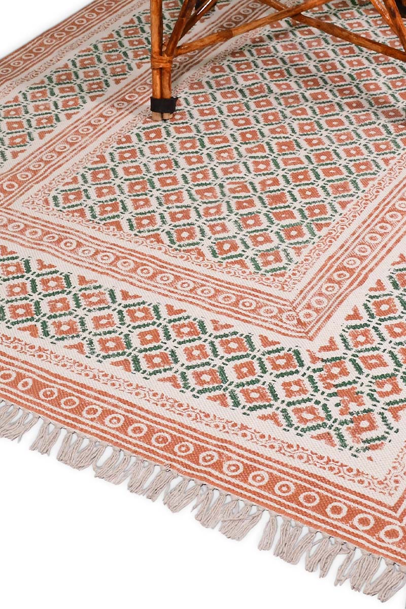 Handcrafted Boho Rust Geometric Block-Print Area Rug with Tassels - Image 4