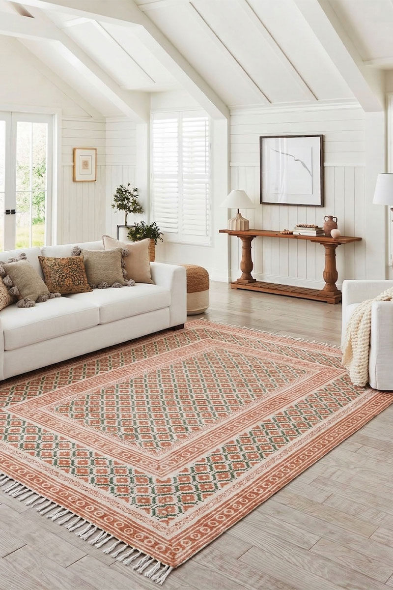 Handcrafted Boho Rust Geometric Block-Print Area Rug with Tassels - Image 5